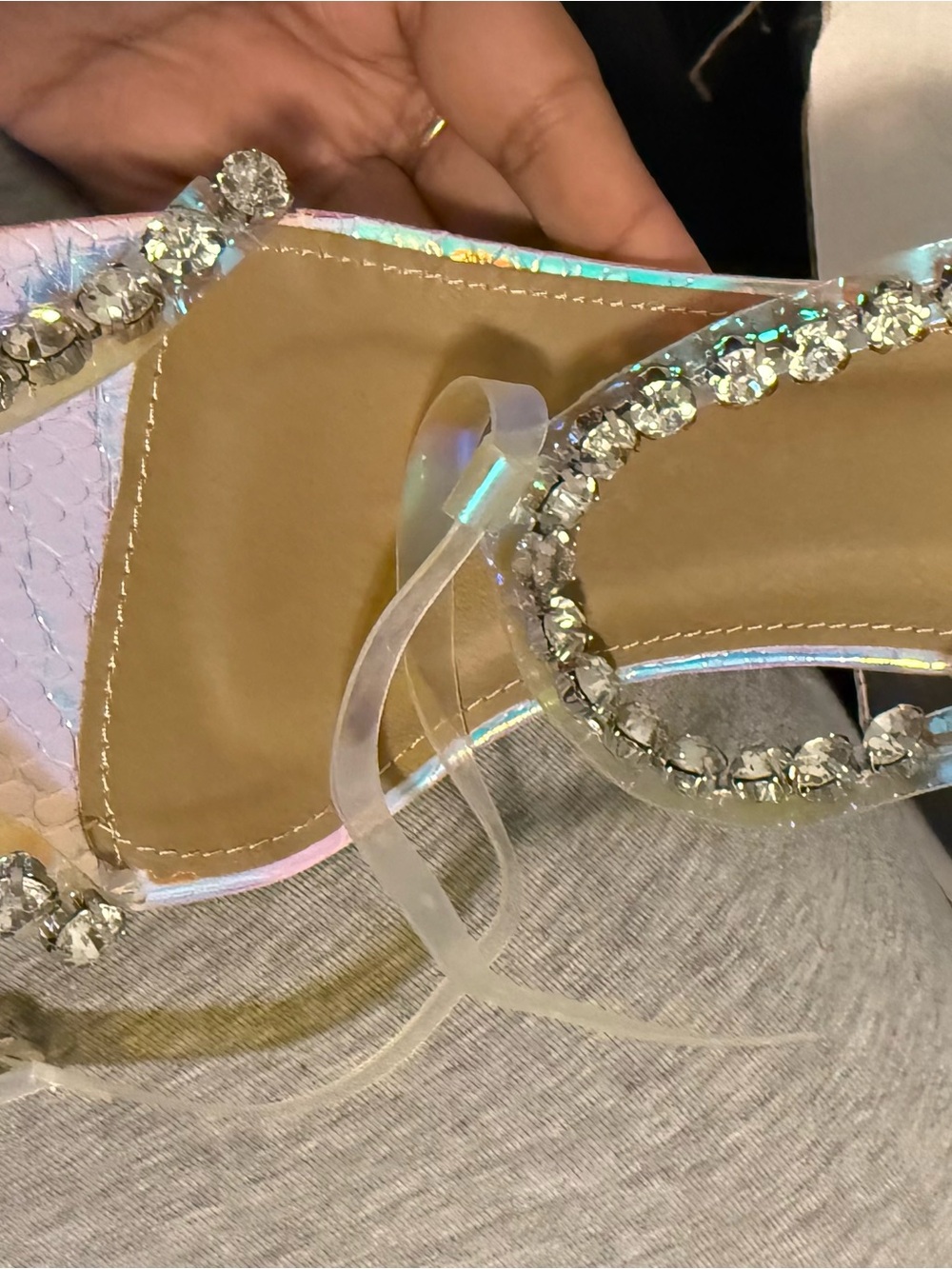 Fashion Nova Iridescent Jewel-Strap Sandals - Clear & Gold